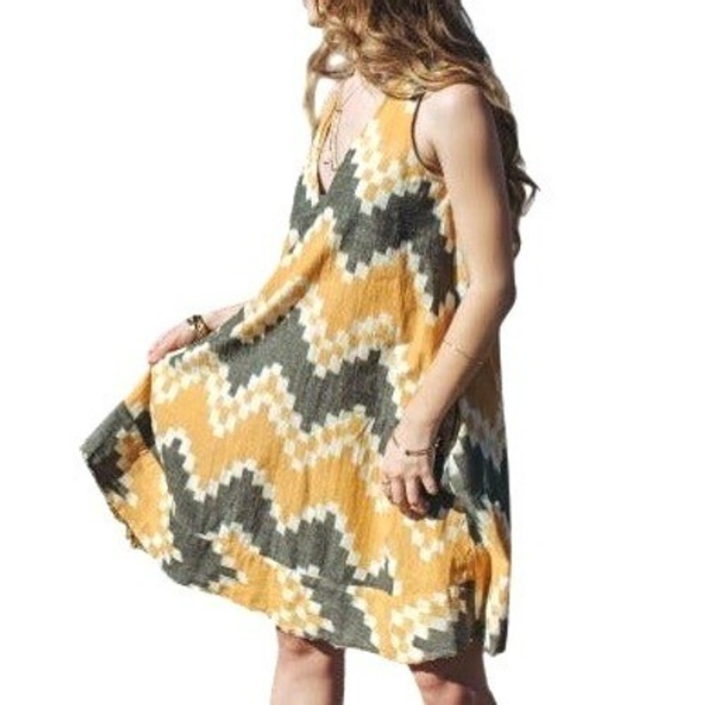 Anthropologie The Odells Ikat Swing Dress Mustard Gray Cotton Boho Trapeze Sz XS